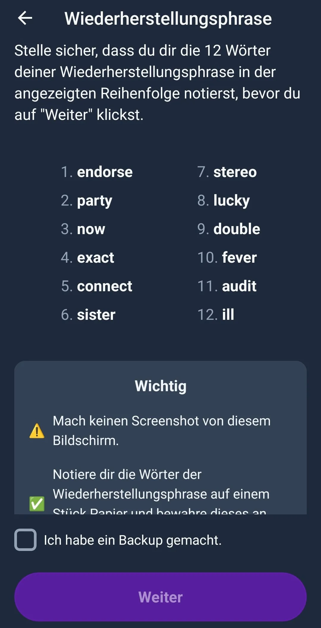 Seedphrase in der Pocket App